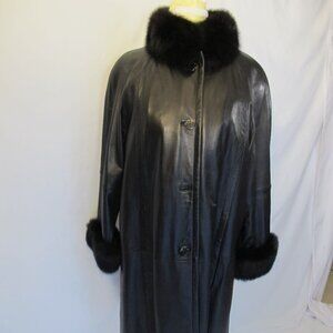 Tibor black leather mid-calf coat with faux fur collar and cuffs  XL